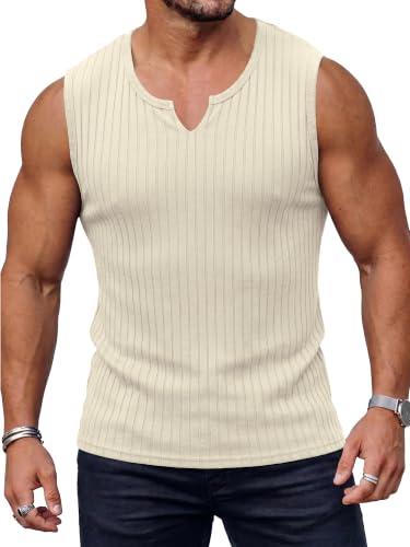 JEMLDL Men's Beach Tank Tops Sleeveless Knit Ribbed V Neck Casual Summer Vacation Shirts Muscle Tee Beige L