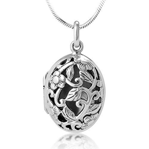 Chuvora 925 Sterling Silver Open Filigree Floral Design Oval Shaped Locket Pendant Necklace, 18 inches