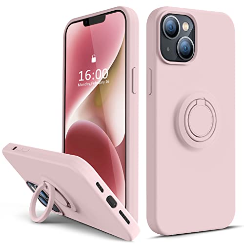 Thomo Compatible with iPhone 14 Case,Premium Soft Liquid Silicone Shockproof Cover [Ring Stand Holder] [ Scratch Resistant Microfiber Liner] Ultra Slim Phone Cases, 6.1 Inch - Sand Pink