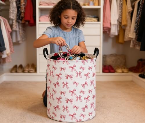 Image of Essme Kids Laundry Basket,Pink Hamper Waterproof Storage Bin for Girls, Pink Hamper,Gift Baskets(Pink Bowknot)