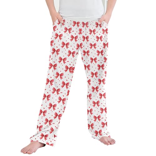Red Bow Long Pajama Pants Elastic Waist PJ Bottoms with Pockets S A113382
