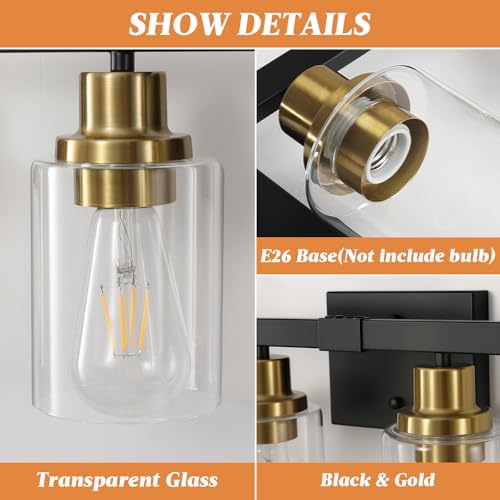 Image of Bathroom Vanity Light, 4-Light Black and Gold Bathroom Light Fixtures with Clear Glass Shade, Bathroom Lighting Fixtures Over Mirror,Bath Black Wall Lights for Mirror Bedroom,Living Room