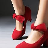 elerhythm Damskie kokardki Mary Jane Bow w stylu retro z lat 50. XX wieku, ze sztucznego zamszu, zamknięte, okrągłe pompki na palcach w stylu lat 20., Gatsby, do biura, wygodne buty Bowtie Dressy,