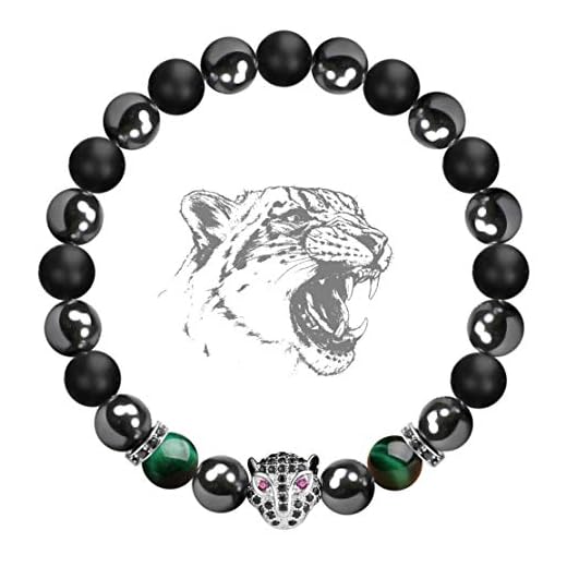 Karseer Black Panther Anxiety Bracelet, 8MM Natural Stone Healing Crystal and Magnetic Energy Balance Beaded Elastic Bracelet, Handmade Prayer Meditation Stress Relief Gemstone Bracelet (White Gold)