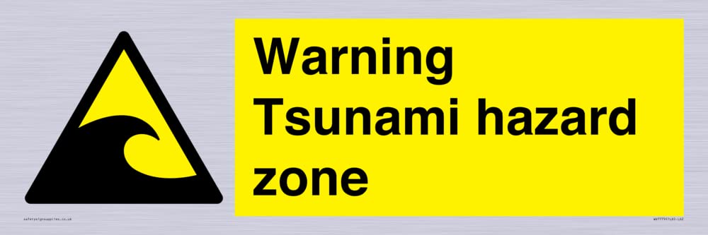 Warning Tsunami hazard zone Sign - 600x200mm - L62, Yellow/White