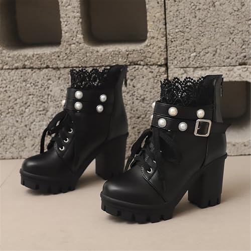 Image of FOREADA Goth Boots Chunky Heel Boot For Women Ankle Combat Booties Black Platform Bootie Buckle Rivets Punk Goth Shoes With Zipper