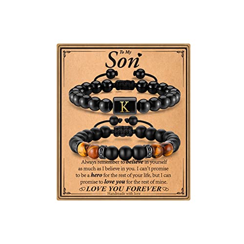 Storup Fathers Day Bracelets Gifts For Son, Mens Bracelet Gifts For Son Tiger Eye & Black Agate Stone Initial Obsidian Bracelets For Boys Christmas Graduation Fathers' Day Birthday Gifts For Son From Mom(K) #TOP4