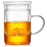 Glass Tea Cup with Infuser and Lid, 17.6oz/520ml Large Borosilicate Teacup, Clear Mug for Loose Leaf Tea, Blooming Tea, Tea Bags - Perfect Christmas or Birthday Gift for Women