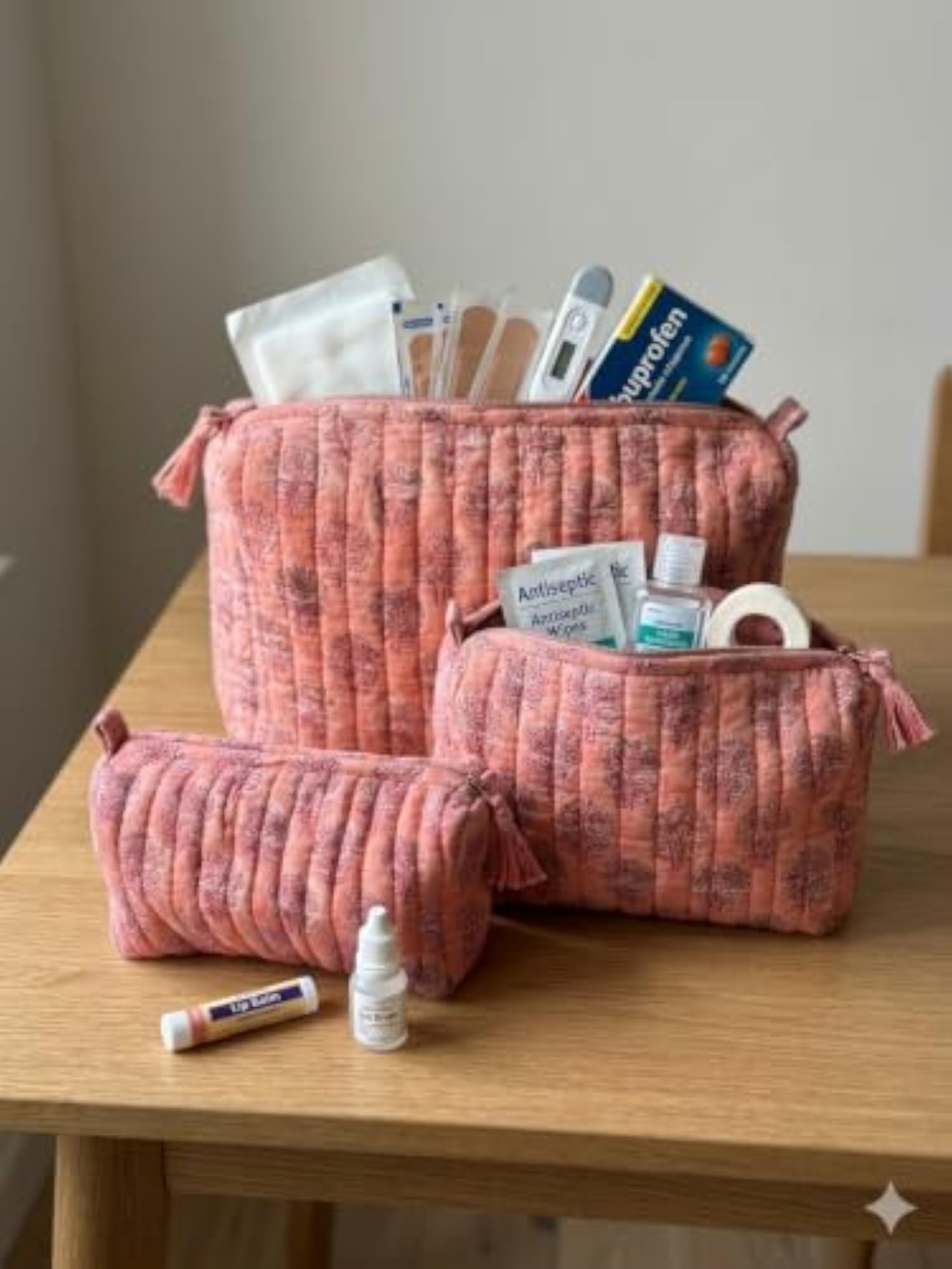 3pc Hand Block Print Quilted Cotton Cosmetic Pouches Set