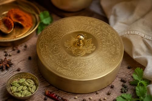 Image of Pure Brass Small Masala Box (6 Inch) with Lotus Design, Handcrafted Spice Box with 7 Containers & Spoon, Mukhwas Box, Kitchen Storage, Round Brass Masala Dani, Diwali & Housewarming Gift