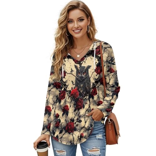 WELLFLYHOM Owl Womens V Neck Hoodies Size M Gothic Rose Oversized Pullover Hooded Sweatshirt Drawstr