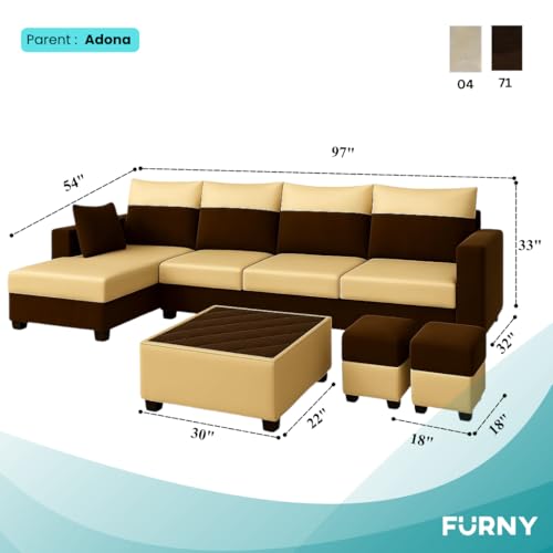 Image of FURNY Arissa 8 Seater Fabric LHS L Shape Sofa Set with 1 Centre Table & 2 Puffy (Cream-Dark Brown) Premium Velvet Finish | Durable Comfort | Ideal for Living Room
