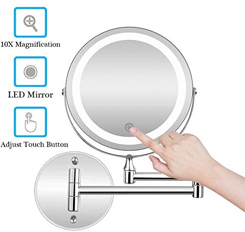 YLM Miroir Rond Grossissant X 10 Mural LED Lumineux Chargement USB Miroir Salle De Bain Double Face Miroir Murale 360 Degrés Rotation Bouton Tactile Couleur Argent
