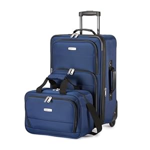 Amazon Basics Softside Luggage Set, 23-Inch Expandable Suitcase with Wheels and 15-Inch Tote, Extra Space (+15%), Front Pockets, Telescopic Handle, Navy Blue