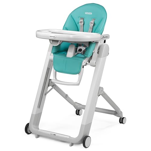 Image of Peg Perego Siesta, Grow with Baby Folding High Chair & Recliner, Height Adjustable, Quick Clean & Easy Push Wheels for Babies & Toddlers, Made in Italy, Tahiti (Ocean Turquiose)