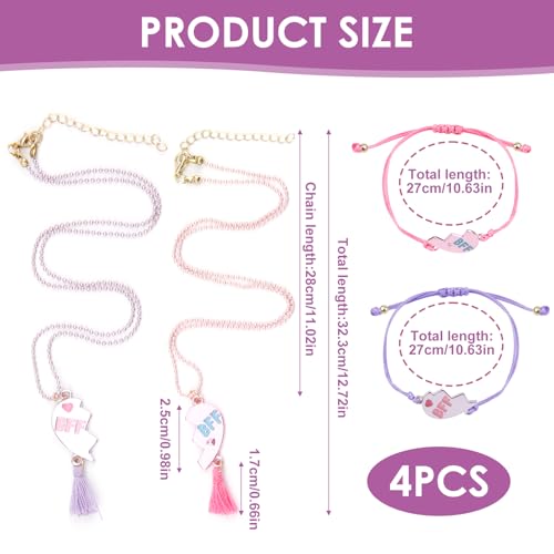 BFF Necklace and Bracelet Set for 2 – Matching Heart Pendant Jewelry Gift for Women, Best Friends, Sisters, and Teens (Purple & Pink)2