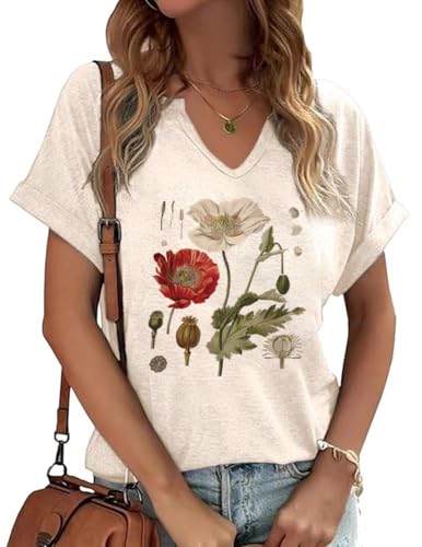 T-shirts à col en V pour femmes avec motifs floraux - Style vintage bohème - Fleurs sauvages graphiques - T-shirts décontractés Cottagecore à manches...