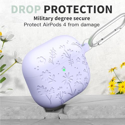 Image of New Engraved Soft Silicone Case Compatible with Apple AirPods 4 Generation (2024) with Keychain, Full 360 Protection Dust-Proof Shockproof Case Cover (Cover Only) (Lavender)