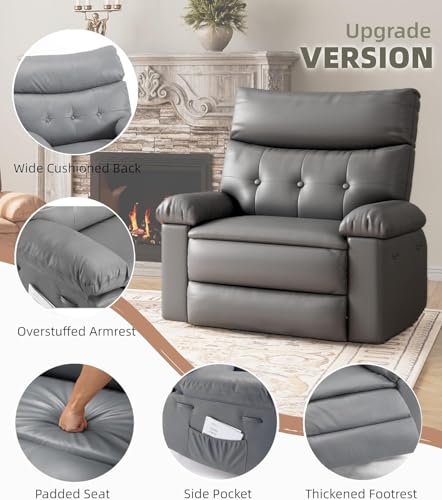 Image of Oversized Wide Manual Recliner Chair with Heat and Massage, Faux PU Leather Large Lazy Chair for Adults, 1.5X Thick Sponge, Easy Recline Mechanism for Living Room Relaxation, Gray