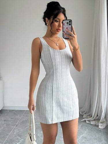 Image of Womens Summer Short Elegant Dresses Bodycon Formal Plaid Pencil Scoop Neck Dresses for Women 2025