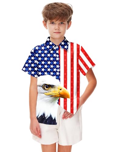 Image of Remimi Unisex Kids 4th of July Button Up Shirt Boys American Flag Print Hawaiian Beach Short Sleeve Tops 5-14 Years