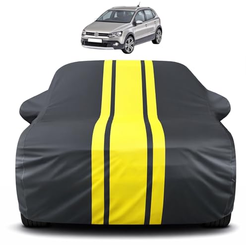 Image of Auto Hub Car Cover Compatible with Volkswagen Polo Cross with Mirror Pocket, Soft Cotton Lining, Polo Cross Car Cover Waterproof - Yellow-Black