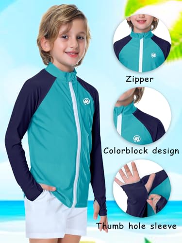 AOBUTE Boys Rash Guard Surfing Beach SPF 50+ Unisex Girls Color Block Swim Shirt with Thumb Holes Blue Navy 5-6Y2