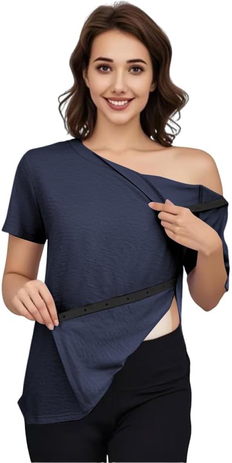 Fififlip Women's Post Shoulder Surgery Tear Away Shirt Short Sleeve Side Snap Chemo Port Postpartum Shirts Adaptive Clothing