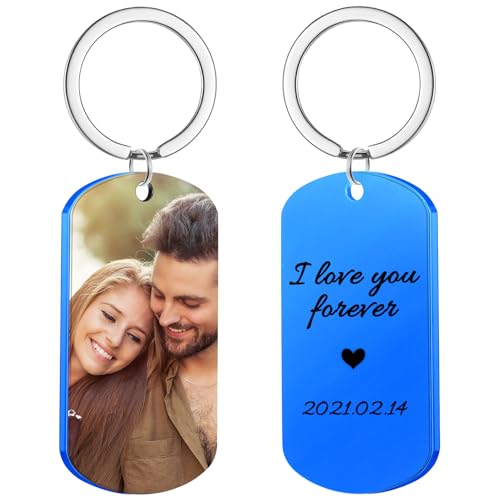 NGTSFLY Personalized Laser Photo/Text Name Keychain, Engraving Stainless Steel Dog Tag Key Chain (Blue)
