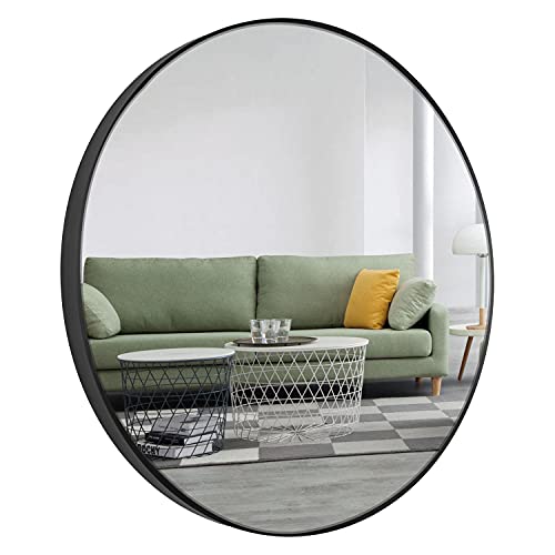 Dapai 32 Inch Circle Wall Mirror, Large Round Brushed Matte Black Metal Framed, 1-9/16" Deep Rim, Deluxe Design For Bathroom, Living Room, Dining Room, Entryway #TOP1