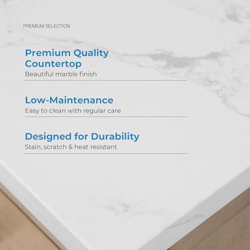 Image of OVE Decors Athea 36 in. Single Sink Freestanding Sahara Birch Bathroom Vanity with White Engineered Marble Top, Matching Backsplash, Power Bar and Brushed Gold Hardware