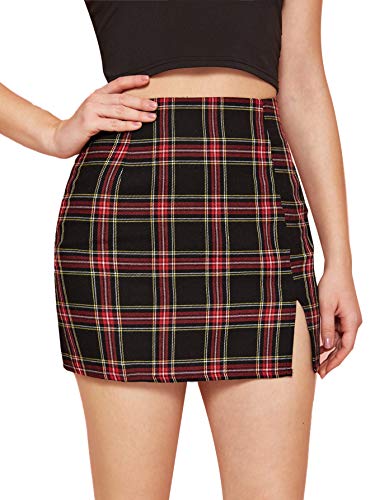 SweatyRocks Women's Casual Plaid Print Bodycon Split Short Mini Skirt Multicoloured Large