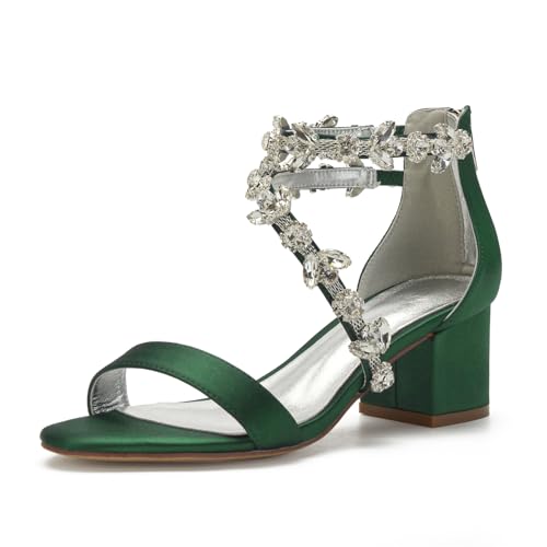 Image of Anna's Bridal Women's Low Block Heel Sandals Chunky Ankle Strap Crystal Wedding Dress Shoes Low Heel Comfortable Pump Sandals