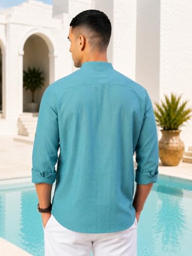 Image of Majestic Man Men's Pure Cotton Solid Mandarin Collar Slim Fit Roll-Up Sleeves Short Kurta Lightweight Summer Kurta for Daily & Occasion Use