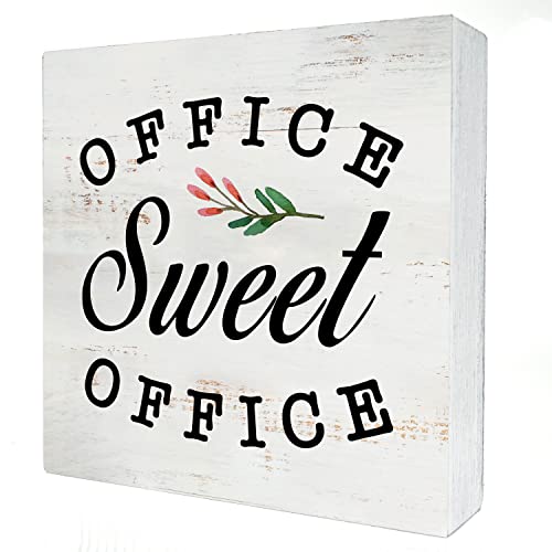 Office Sweet Office Wood Box Sign Decor Rustic Office Space Wooden Box Sign Block Plaque For Wall Tabletop Desk Home Office Cubicle Decoration 5" X 5", Coworker Gift #TOP6