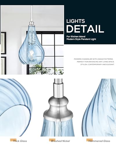 TENGXIN 6 Inch Mini Hanging Light for Kitchen Island,Kitchen Pendant Lighting Over Island,Brushed Nickel Finished Blue Glass Pendant Light,Farmhouse Pendant Light for Dining Room - Image 3