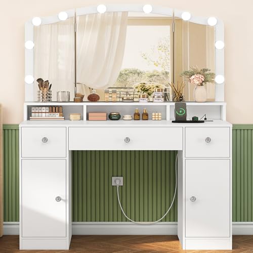 FIONESO Tocador de Maquillaje con 10 Luz LED y Enchufes, 3 Espejos Plegables, Mesa de Tocador con 3 Cajones y Dos Armarios, para Mujer, Dormitorio, Blanco