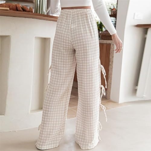 Pants for Women Summer Y2K Wide Leg Pants Casual Cargo Pants Plaid Pajamas Side Strap Tie Baggy Pants Sweatpants2