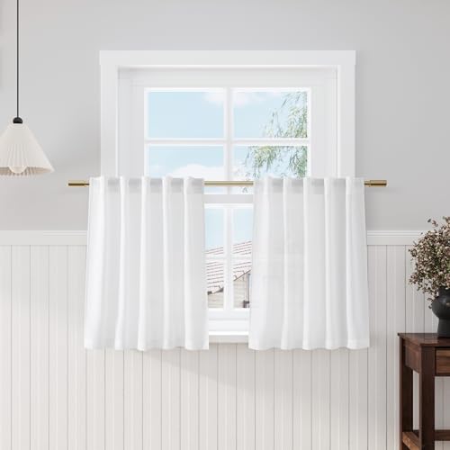 Image of Nanspring White Linen Cafe Curtains 30 Inch Length Privacy Light Filtering Semi Sheer Front Door Small Window Curtains Back Tab Rod Pocket Short Curtain for Bathroom Kitchen Basement RV 26x30 White