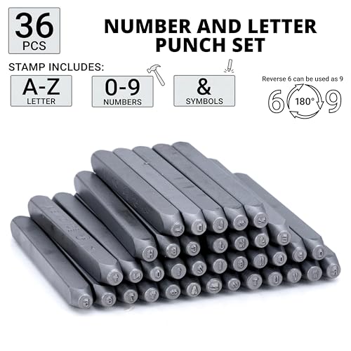 Image of NEIKO 02629A Number and Letter Punch Set with Heat-Treated Steel Punches, Imprinting & Arts and Crafts, 1 /16 inch (1.5MM) Shaft, 36 Pc Stamp Set, Uppercase Letter & Number Punch Set (A-Z / 0-8 / inch& inch)