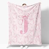 JKMBN Coquette Pink Bow Throw Blanket,Personalized Initial J Soft Fluffy Cozy Flannel Blanket,Monogrammed Gifts for Daughter Women Teen Girls,Customized Blanket for Bedding Bedroom Office,50x60 Inches