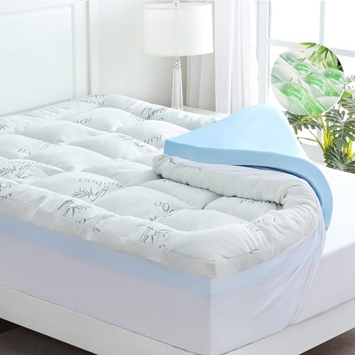 DOWNCOOL Dual Layer 4 Inch Memory Foam Mattress Topper King – 2 Inch Gel Memory Foam & 2 Inch Pillow Top Mattress Pad, Soft & Breathable Viscose Made from Bamboo, for Back Pain Relief