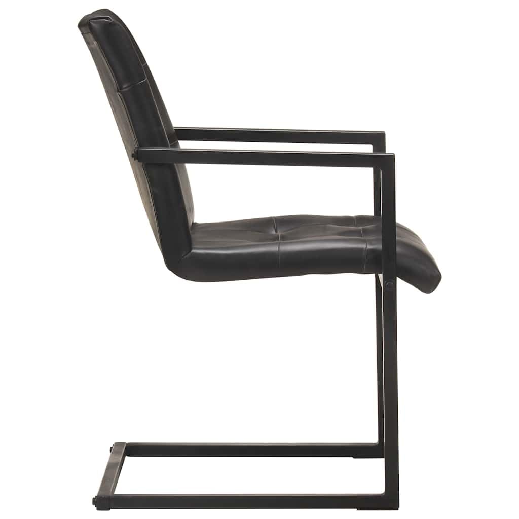 Krzesło na płozach, 2 sztuki, czarne, z prawdziwej skóry, wyściełane, ergonomiczne, z podłokietnikami i stabilnym stelażem stalowym, do kuchni, salonu, jadalni i biura
