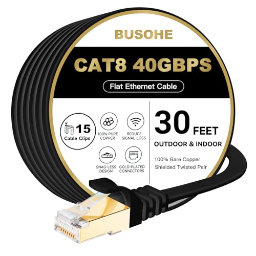 BUSOHE Cat 8 Ethernet Cable 30 FT 40Gbps 2000MHz Cat8 High Speed Flat Internet Network Patch Cord SFTP Shielded LAN Wire with Gold Plated RJ45 Connector with Clips Outdoor Indoor- 30FT Black