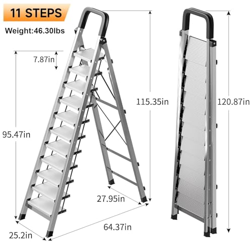 Image of 11 Step Ladder with Handrail,Folding Step Stool Heavy Duty,Protable Step Ladders with Anti-Slip Widen Pedals,Sponge Handrail,Safe-Lock Design,Tall Kitchen /Closet Step Ladder