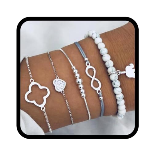 Yean Juego de pulseras de cristal estilo boho, plateadas, con forma de elefante, corazón, con...