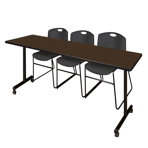 Image of Regency Kobe 84 x 24 in. Mobile T-Base Training Table- Neo Walnut, 2 Zeng Stack Chairs- Black