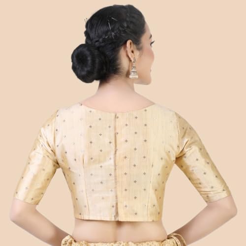 Image of Studio Shringaar Women Cotton Silk Silky Brocade Readymade Elbow Length Sleeves Saree Blouse Choli