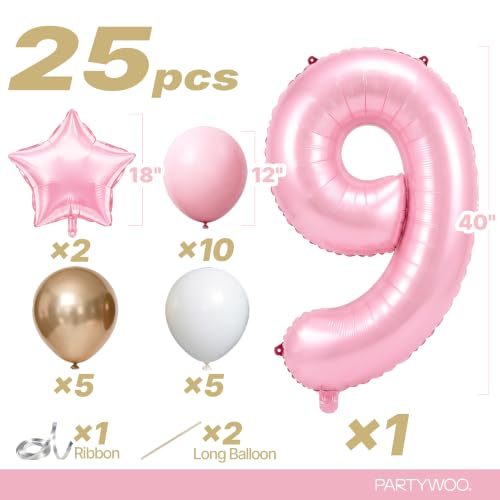Image of PartyWoo Baby Pink Number 9 Balloon 40 Inch 25pcs Pink Foil Star White Gold