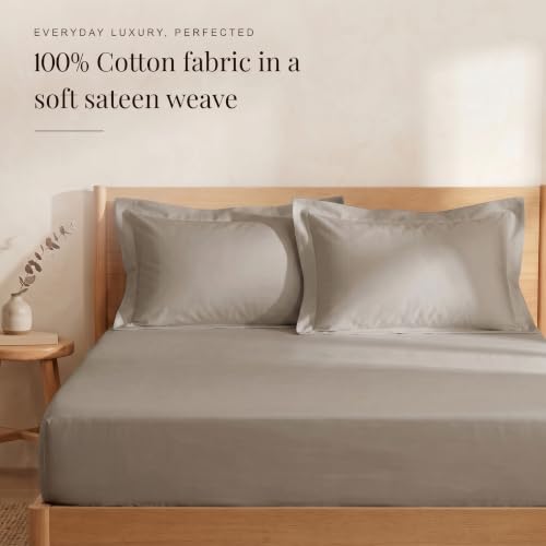 Image of Huesland 300 TC Premium 100% Pure Cotton Luxe Soft Touch Fitted Single Size Bedsheet Cotton with 2 Pillow Covers | Vintage Khaki | 36 x 78 Inches